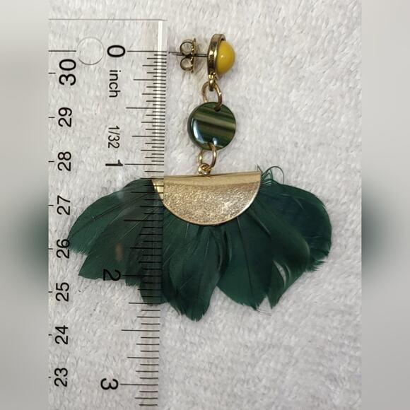 Green Feather Fan Statement Earrings – Boho Aztec Style, Pierced - Picture 4 of 4
